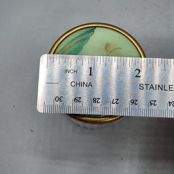 Antique 3 Jar Dresser Vanity Set Celluloid Green Floral 2 Powder Puffs - Picture 12 of 16